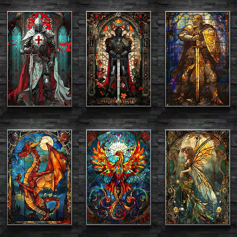 Resin Art Painting - Постер-принт «Фэнтези: Золотой рыцарь, череп, дракон,